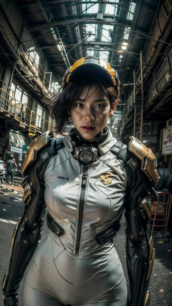 ((best quality)), ((masterpiece)), ((realistic)), (detailed), (photo-realistic:1.5), futuristic girl, (thick body), (white bodysuit), lights on armor, cybernetic headwear, looking at viewer, dynamic pose, post-apocalyptic, destroyed city background, buildings on fire, sci-fi, high resolution, ray tracing, super resolution, subsurface scattering, PBR texturing, post processing, anisotropic filtering, depth of field, best sharpness and clarity, rule of thirds, 8K RAW, (luminous particles:1.4), (extremely detailed cg, unity 8k wallpaper, 3d, cinematic lighting, lens flare), reflection, sharp focus, cyberpunk art, cyberpunk architecture, moisturized skin, realistic body, (), (girl), earrings, (cute face), vivid colors, bokeh, stimulating atmosphere, unique encounters, playful interactions, lively crowds, wind blowing, fantastic, dynamic, (fisheye lens), neon, cyberpunk movie, cyberpunk city, fight, war, lightning,