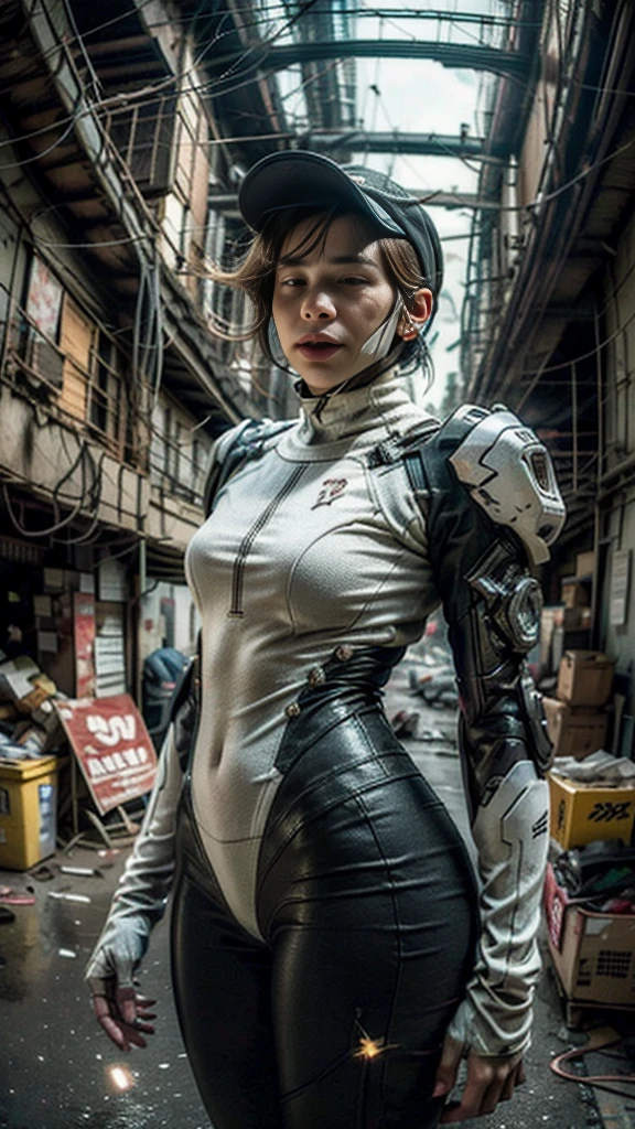 ((best quality)), ((masterpiece)), ((realistic)), (detailed), (photo-realistic:1.5), futuristic girl, (thick body), (white bodysuit), lights on armor, cybernetic headwear, looking at viewer, dynamic pose, post-apocalyptic, destroyed city background, buildings on fire, sci-fi, high resolution, ray tracing, super resolution, subsurface scattering, PBR texturing, post processing, anisotropic filtering, depth of field, best sharpness and clarity, rule of thirds, 8K RAW, (luminous particles:1.4), (extremely detailed cg, unity 8k wallpaper, 3d, cinematic lighting, lens flare), reflection, sharp focus, cyberpunk art, cyberpunk architecture, moisturized skin, realistic body, (16 years old), (girl), earrings, (cute face), vivid colors, bokeh, stimulating atmosphere, unique encounters, playful interactions, lively crowds, wind blowing, fantastic, dynamic, (fisheye lens), neon, cyberpunk movie, cyberpunk city, fight, war, lightning,