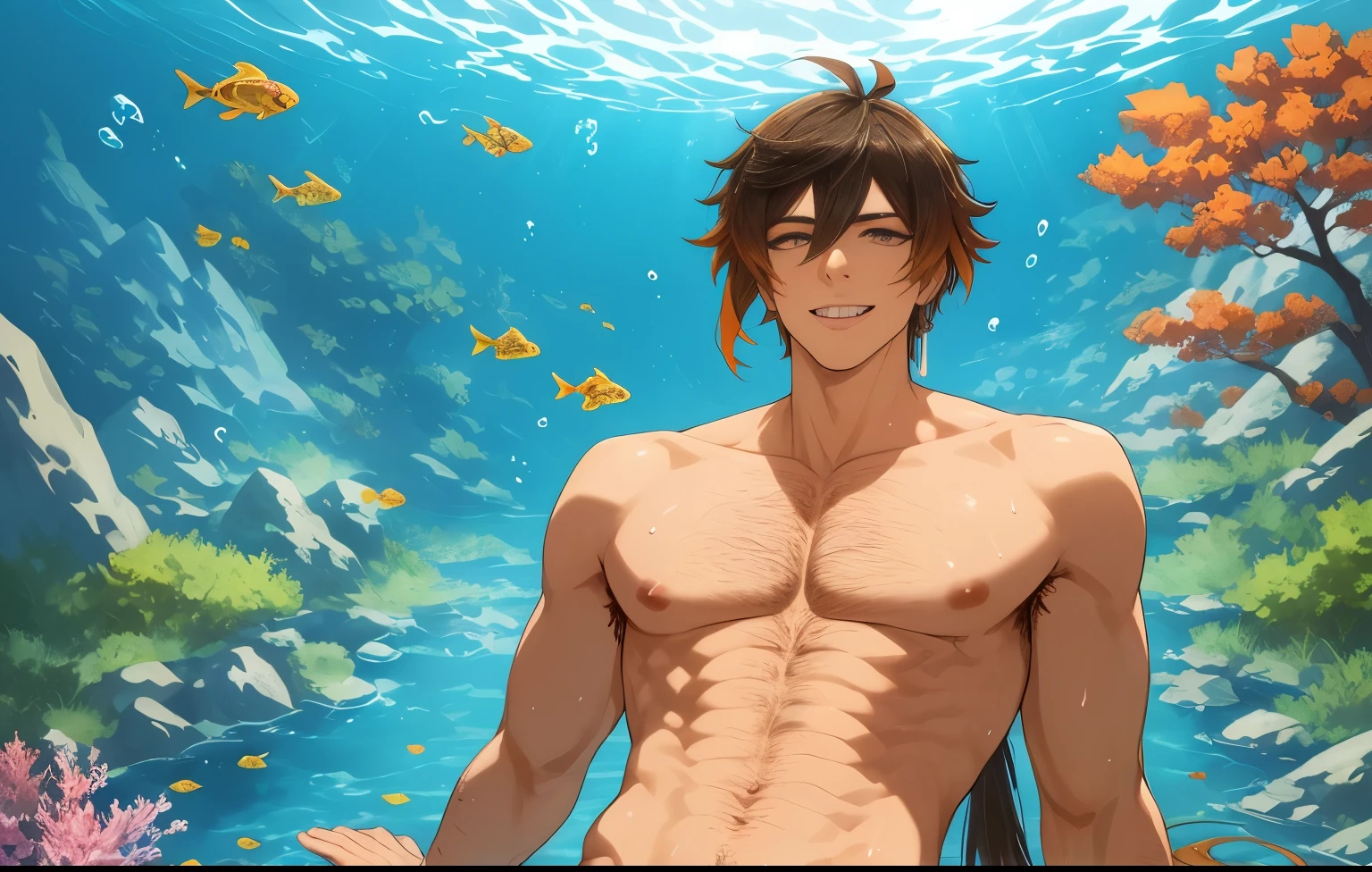 Cartoon man without shirt standing in front of blue ocean, Anime handsome man, Cool anime poses, Tall anime man with blue eyes, Wallpaper Anime Blue Water, The handsome guy in Demon Slayer, Shinkai Makoto ( Apex Legends ), Shinkai Makoto art style, Shinkai Makoto and artgerm, male anime character, Young anime man