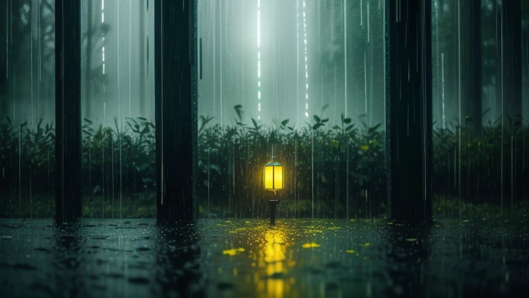 there is a blurry image of a green and yellow light, a digital painting inspired by Chris Friel, unsplash, digital art, green rain, bokeh forest background, constant green background, rain. hyper detailed, rainy background, rain splashing, dark glowing rain, water particles, window ( rain ), closeup cinematic aquatic scene, rainy and wet atmosphere