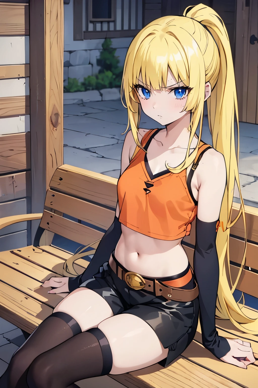 fairy_tail_style, solo, 1 girl, (young female body:1.4), (medium small breasts), golden yellow hair, extra long hair, blunt bangs, crystal blue eyes, very detailed eyes, cowboy shot, detailed eyes, town background, medieval town, fantasy, ponytail, yellow hair, adventuer girl, medieval fantasy, medieval clothes, sitting on a bench, short orange crop top, black shorts, belt, stockings, boots, short detached sleeves,  black boy shorts, orange top, orange shirt