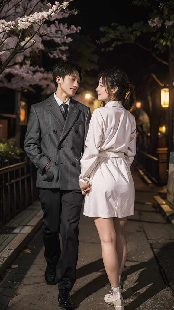 A couple is romantic in the streets of Japan. The couple is wearing short clothes. This girl has a big buttocks. It's evening, winter, under the cherry tree,Pay attention to facial details, happy expression.