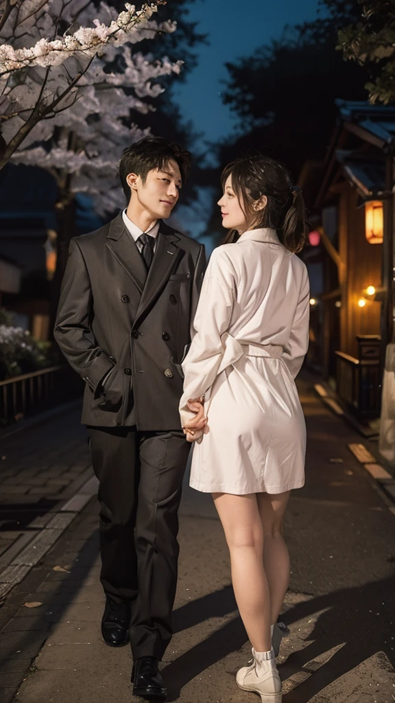 A couple is romantic in the streets of Japan. The couple is wearing short clothes. This girl has a big buttocks. It's evening, winter, under the cherry tree,Pay attention to facial details, happy expression.
