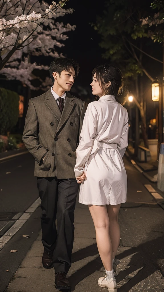 A couple is romantic in the streets of Japan. The couple is wearing short clothes. This girl has a big buttocks. It's evening, winter, under the cherry tree,Pay attention to facial details, happy expression.