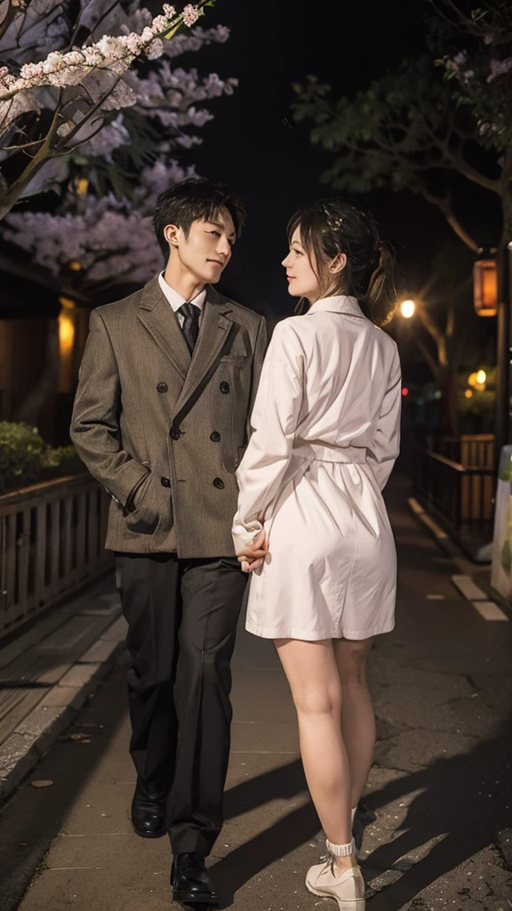 A couple is romantic in the streets of Japan. The couple is wearing short clothes. This girl has a big buttocks. It's evening, winter, under the cherry tree,Pay attention to facial details, happy expression.
