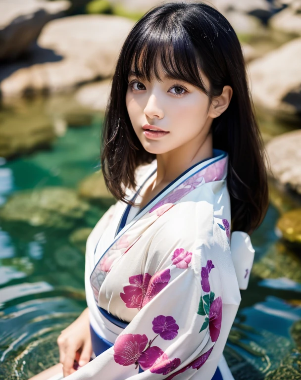 (high quality, 4k, 8k, High resolution, Realistic, masterpiece:1.2)beautiful japanese woman, (whole body:1.5),complex colored black hair, shiny long hair, asymmetrical bangs, big magical eyes, High resolutionの美しい瞳, thin eyebrows, smooth soft skin, pale pink lips, (Beautiful white kimono:1.3), beautiful posture, Clear blue sea, Sleeping on your back in shallow water, professional lighting, professional photographer