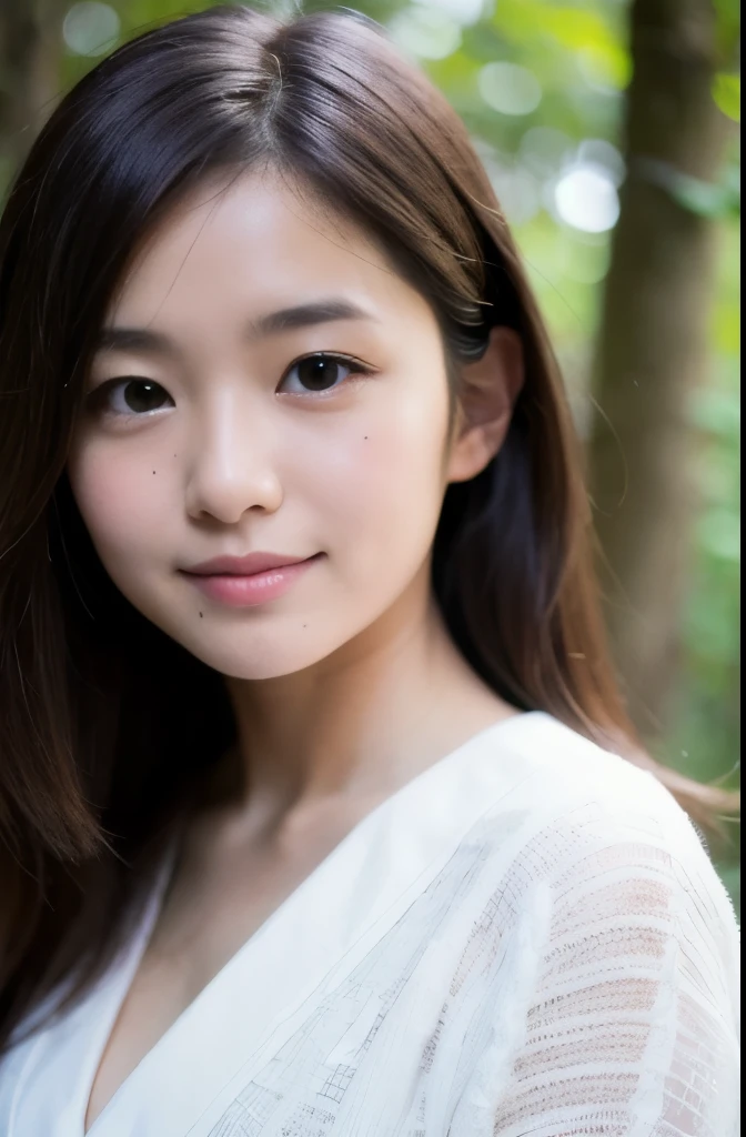 best quality, face focus, soft light, ultra high res, (photorealistic:1.4), RAW photo,(Shinozaki Ai), white skin, kawaii,
1 Japanese girl, solo, cute, smile, (pupil, lights in the eyes), detailed beautiful face, busty,(high resolution detail of human skin texture),(long hair),(portrait), upper body, white traditional kimono, in the forest,