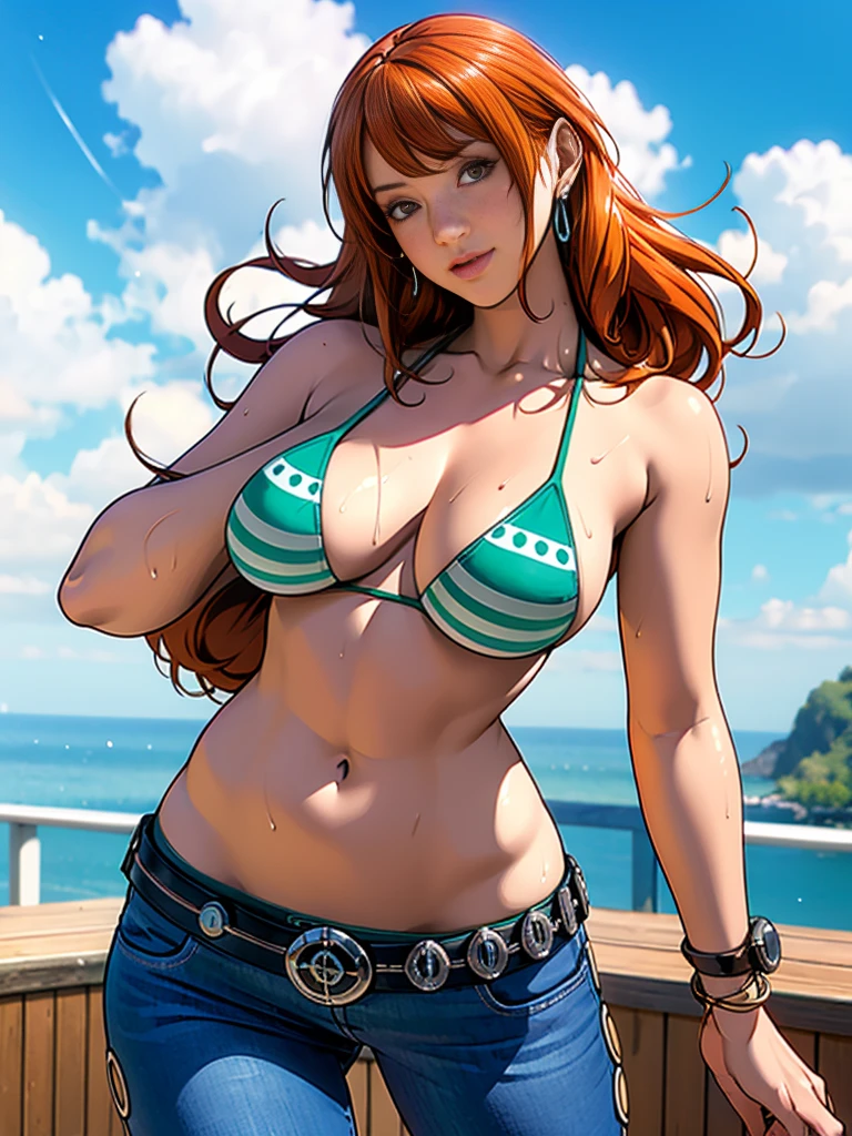 arafed woman in a bikini posing for a picture in a tropical setting, nami one piece, nami from one piece, beautiful portrait of nami, realistic bikini, nami, green bikini, oppai, from one piece, oppai proportions, is wearing a swimsuit, swimsuit, attire: bikini, one piece, green swimsuit, photorealistic perfect body