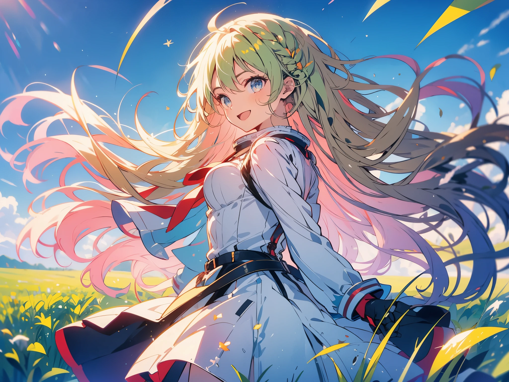 green pastures, detailed sky, clear sky, horizon clouds, detailed ground, girl, portrait , beautiful eyes, smiling, young woman, simple outfit , white two-strap dress ,running with arms outstretched on the grassland, side view from above, golden afternoon sunlight, lens flash , noise particles effect, strong wind , leaves blowing in the wind , shaking the grass, CONCEPT ART