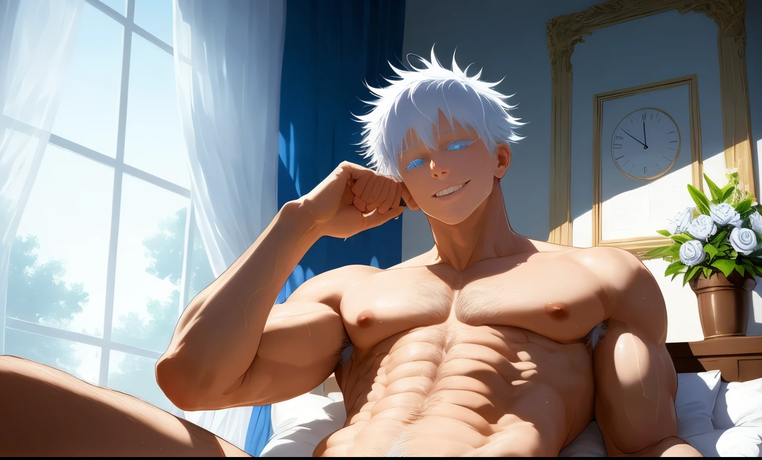 anime guy with White hair and no shirt sitting on a bed, Tall anime man with blue eyes, male anime character, Cool anime poses, White haired, White-haired, muscular! White, relaxed dwarf with White hair, White haired deity, Kaneki Ken, Saitama True, kaneki ken, Anime handsome man, Detailed anime character art, muscular!!, Fluffy chest