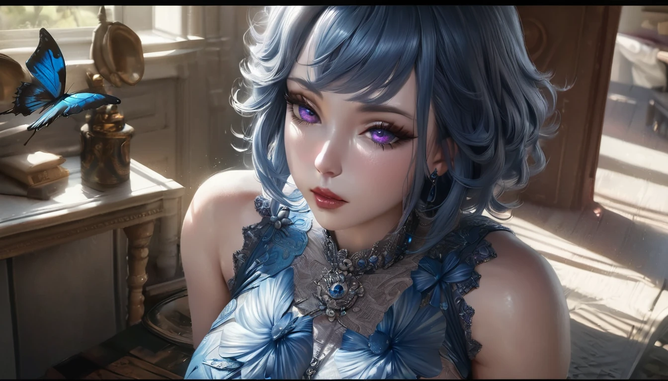 1girl, short blue hair, tight white and blue dress with blue butterflies, purple eyes, large breasts and butt, looking forward while facing backwards, detailed face, beautiful detailed eyes, beautiful detailed lips, extremely detailed eyes and face, long eyelashes, (best quality,4k,8k,highres,masterpiece:1.2),ultra-detailed,(realistic,photorealistic,photo-realistic:1.37),portrait,high fashion,vibrant colors,dramatic lighting,cinematic
