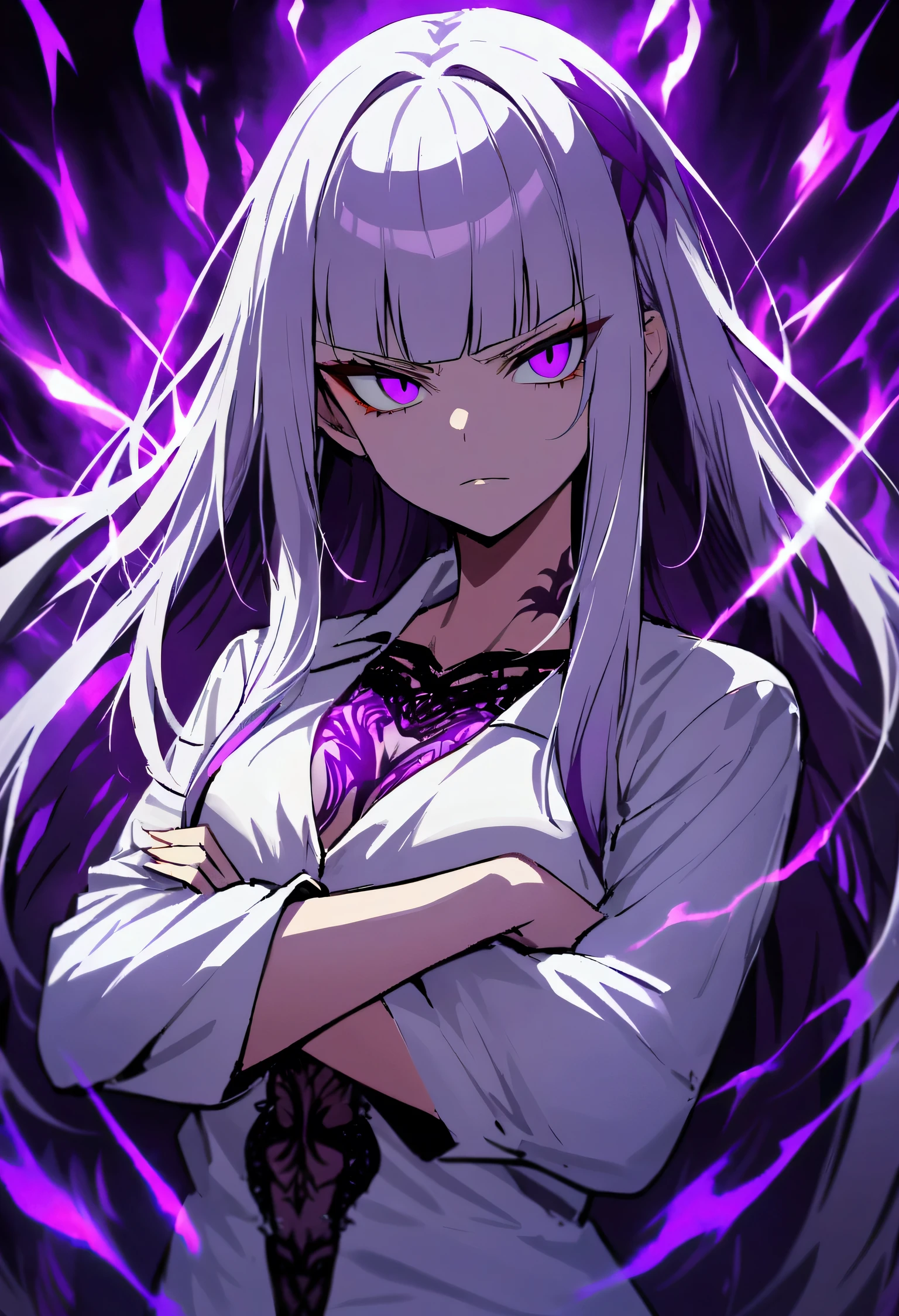 Teenage girl, tidy hair, long hair, long straight bangs, multicolored purple and white hair, purple eyes, serious face, ripped casual white shirt, crossed arms, a bright purple amethyst on the forehead, purple tattoos on the body, purple aura of energy around the character, evil grin, 1,90 tall