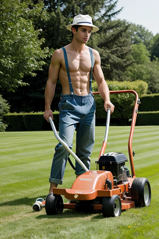 Young handsome cute beautiful white face skinny shirtless naked with short overalls gardener cutting grass on a grass cutting machine hat