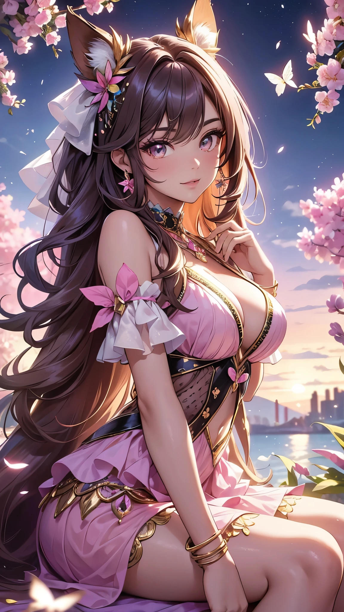 (best quality,4k,8k,highres,masterpiece:1.2),ultra-detailed,(realistic,photorealistic,photo-realistic:1.37),acrylic painting,beautiful Brazilian model in a Lolita dress with downy hair,beautiful Brazilian model with extremely colorful brown hair and detailed facial features,beautiful Brazilian model standing in a beautiful garden surrounded by a starry sky,brown hair,beautiful Brazilian model wearing a vibrant pink and teal Lolita dress,beautiful Brazilian model with intricate accessories,cat ears,beautiful Brazilian model posing gracefully with her hands on her hips,beautiful Brazilian model with long flowing twintails,beautiful Brazilian model with bright brown eyes and rosy lips,beautiful Brazilian model with a joyful expression,beautiful Brazilian model in a dynamic pose with cherry blossoms falling around her,beautiful Brazilian model surrounded by colorful flowers and butterflies,beautiful Brazilian model's dress adorned with cute bows and lace details,beautiful Brazilian model with an enchanting smile,beautiful Brazilian model with soft, pastel-colored shading,beautiful Brazilian model with a magical glow illuminating her,beautiful Brazilian model in a picturesque setting with a winding path leading to a magnificent castle,beautiful Brazilian model with a fairytale-like background,beautiful Brazilian model with a soft, dreamy atmosphere,beautiful Brazilian model with a subtle bokeh effect,beautiful Brazilian model standing under a sunny sky,beautiful Brazilian model with a warm, golden sunset in the background,beautiful Brazilian model surrounded by twinkling stars and colorful nebulae,creating an ethereal and captivating artistic masterpiece, sitting down. 