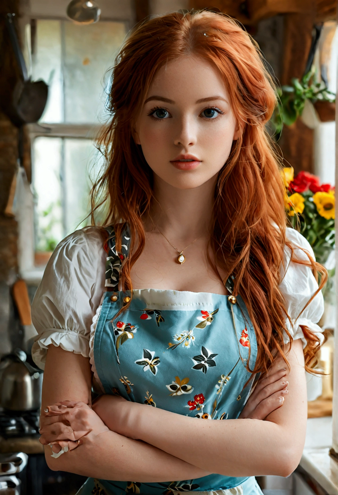 (full body shot:1.7) photorealistic image of a (standing pose:1.3) ultrarealistic, photography, long red hair, woman, 24 years old, hourglass figure, perfect body, Flirty look, natural medium breasts, blur background, wearing a housewife outfit, wearing an apron, prepearing to cook a meal