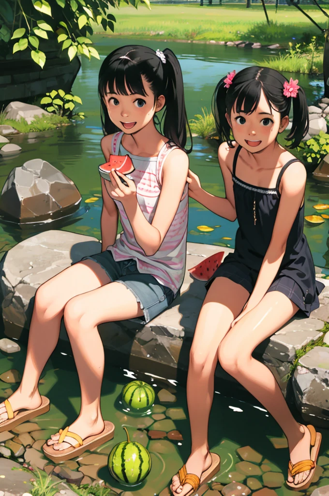 masterpiece, Highest quality,Multiple Girls, Three Girls, fruits, food, watermelon, water, Sandals, Have, Black Hair, Hair ties, Shorts, skirt, river, short hair, dappled sunlight, hair band, smile, Outdoor, straw Have, hair ornaments, dress, stream, Open your mouth, nature, rock, water遊び, sunlight, Long Hair, Twin tails, water玉模様 裸