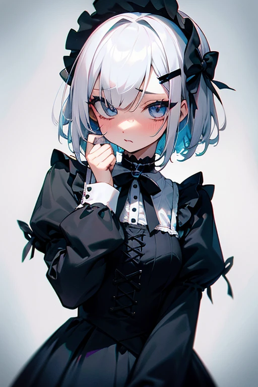 Short white hair, blush, Gothic Lolita、Punk Fashion、Headbang 2.、Blue and black clothes、Clean your eyes、hairpin