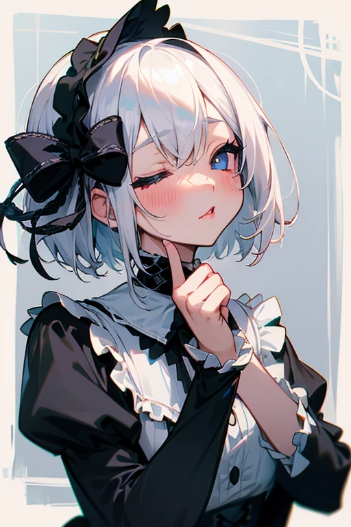 Short white hair, blush, Gothic Lolita、Punk Fashion、Headbang 2.、Blue and black clothes、Clean your eyes、hairpin、((Kiss with your eyes closed)).