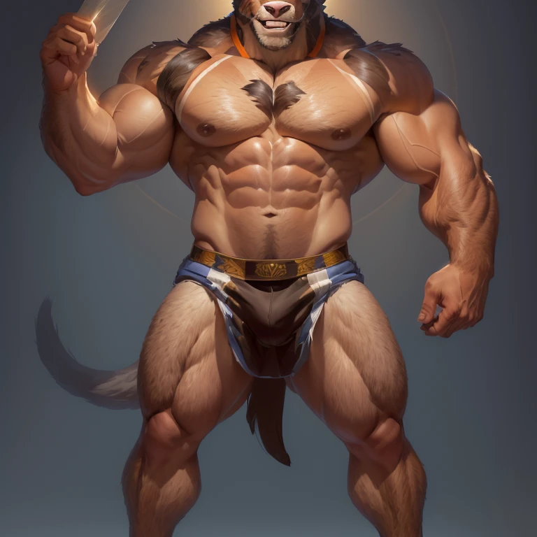 a cartoon picture of a man in a underwear with a goat on his head, muscular werewolf, muscular character, gigachad muscular, sfw version, furry body, super buff and cool, furry character, muscular characters, koda kazuma, beefcake pose, anthropomorphic wolf male, muscular male, furry brown body, muscular!!, muscular body, furry chest