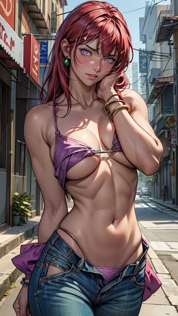 8k, masterpiece, view from the front, solo, 1girl ((takashirohiroko, arms covering crotch, slim figure and detailed hands, detailed fingers, detailed eyes, detailed lips, sexy, bangle, bangs, bare shoulders, belt, purple bikini, purple bikini top only, blue sky, bracelet, breasts, purple eyes, cleavage, cloud, cowboy shot, day, denim, round green earrings, floating hair, green belt, purple bikini, groin, unzipped low hipster jeans, g-string, jewelry, large breasts, log pose, long hair, looking at viewer, navel, red hair, pants, sidelocks, sky, standing, stomach, swimsuit, (facial expression: having orgasm, blushing, head tilted back)), nsfw, on the crowded streets of RIO DE janeiro