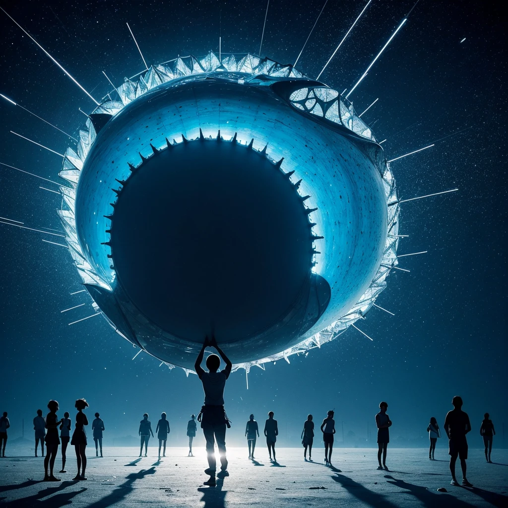 A captivating minimalist artwork featuring a colossal, playful eye with glittering tears. The eye dons a striking outfit in blue, red, and neon shades, engaging in a 100-meter race against two massive sports noses with legs, each wearing their own unique attire. The stadium echoes with the cheers and celebrations of the excited crowd, whose silhouettes are illuminated against the soft, dreamy background. The artist masterfully employs negative space to create a powerful atmosphere of melancholy and introspection, drawing the viewer into the emotional depths of the scene and inviting them to reflect upon the fleeting nature of life and the impermanence of joy.