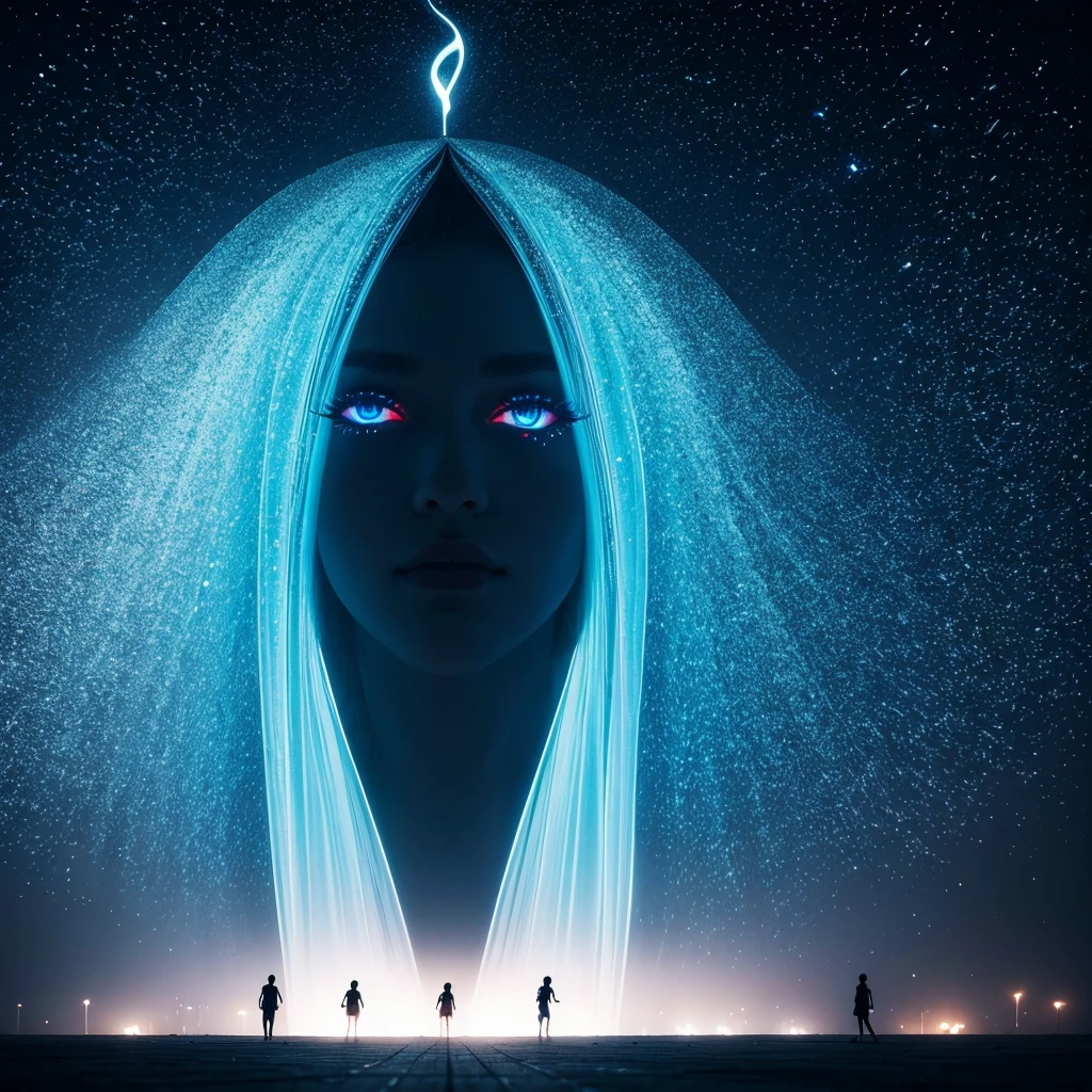 A captivating minimalist artwork featuring a colossal, playful eye with glittering tears. The eye dons a striking outfit in blue, red, and neon shades, engaging in a 100-meter race against two massive sports noses with legs, each wearing their own unique attire. The stadium echoes with the cheers and celebrations of the excited crowd, whose silhouettes are illuminated against the soft, dreamy background. The artist masterfully employs negative space to create a powerful atmosphere of melancholy and introspection, drawing the viewer into the emotional depths of the scene and inviting them to reflect upon the fleeting nature of life and the impermanence of joy.