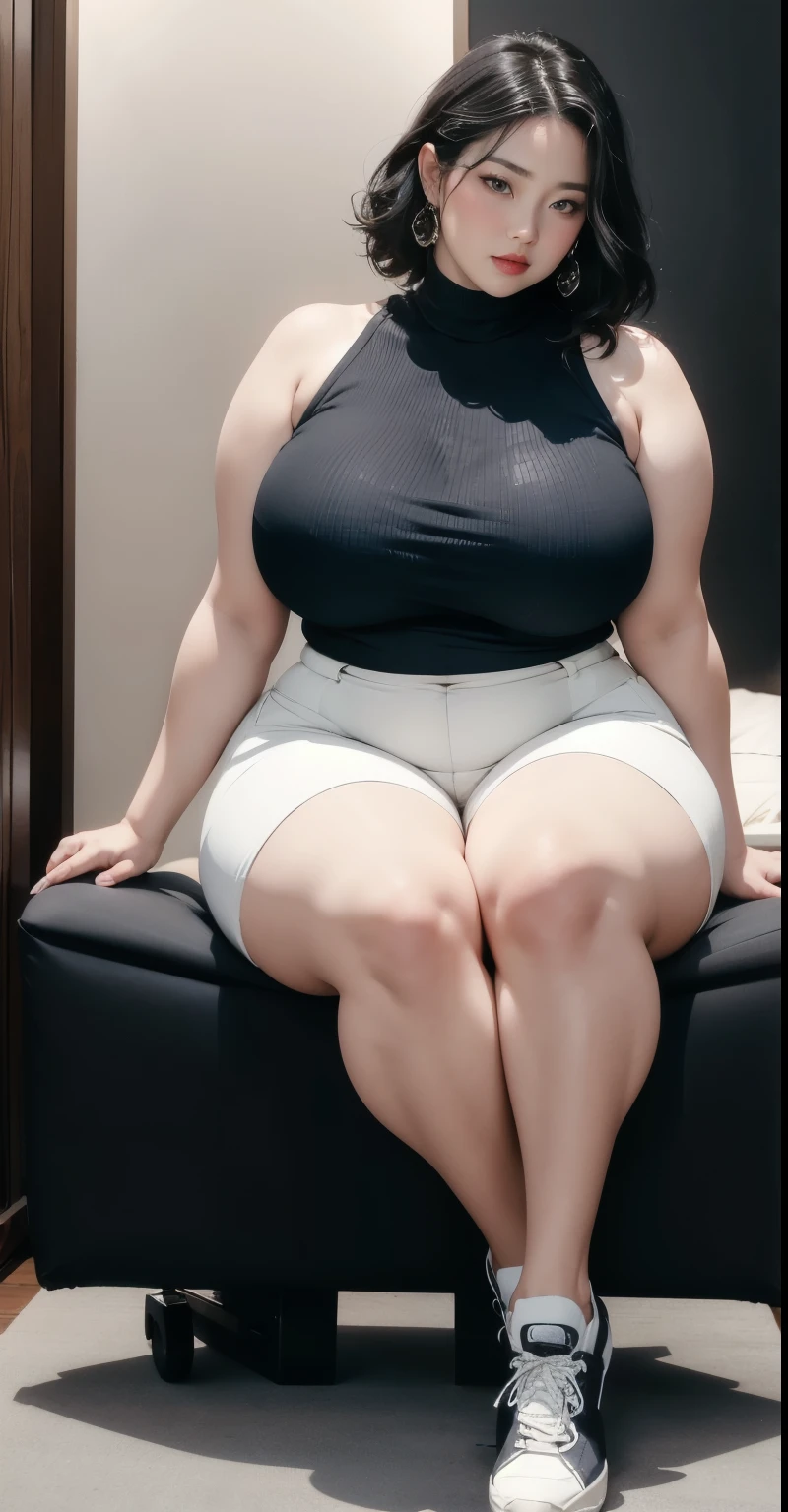 ((best quality)), ((masterpiece)), (detailed), perfect face, Beautiful, mother-in-law, asian-Indonesian , voluptuous, wearing random clothes (formal), In the black room, seductive expression, chubby body, nice body, milf chubby, chinese-Indonesian. Full body, big arm, wide hips , wearing a sneakers, bob hairstyle, baby face , chubby cheeks, 35 year old, chubby tall woman, tattooed thighs , yakuza tattoos , big thighs, big armpits , chubby massive cheeks , thick neck, cold atmosphere, low light, wavy short haired, big breasts, showing her armpits , thick woman , turtleneck, thick woman . Full body, wearing shorts pants 