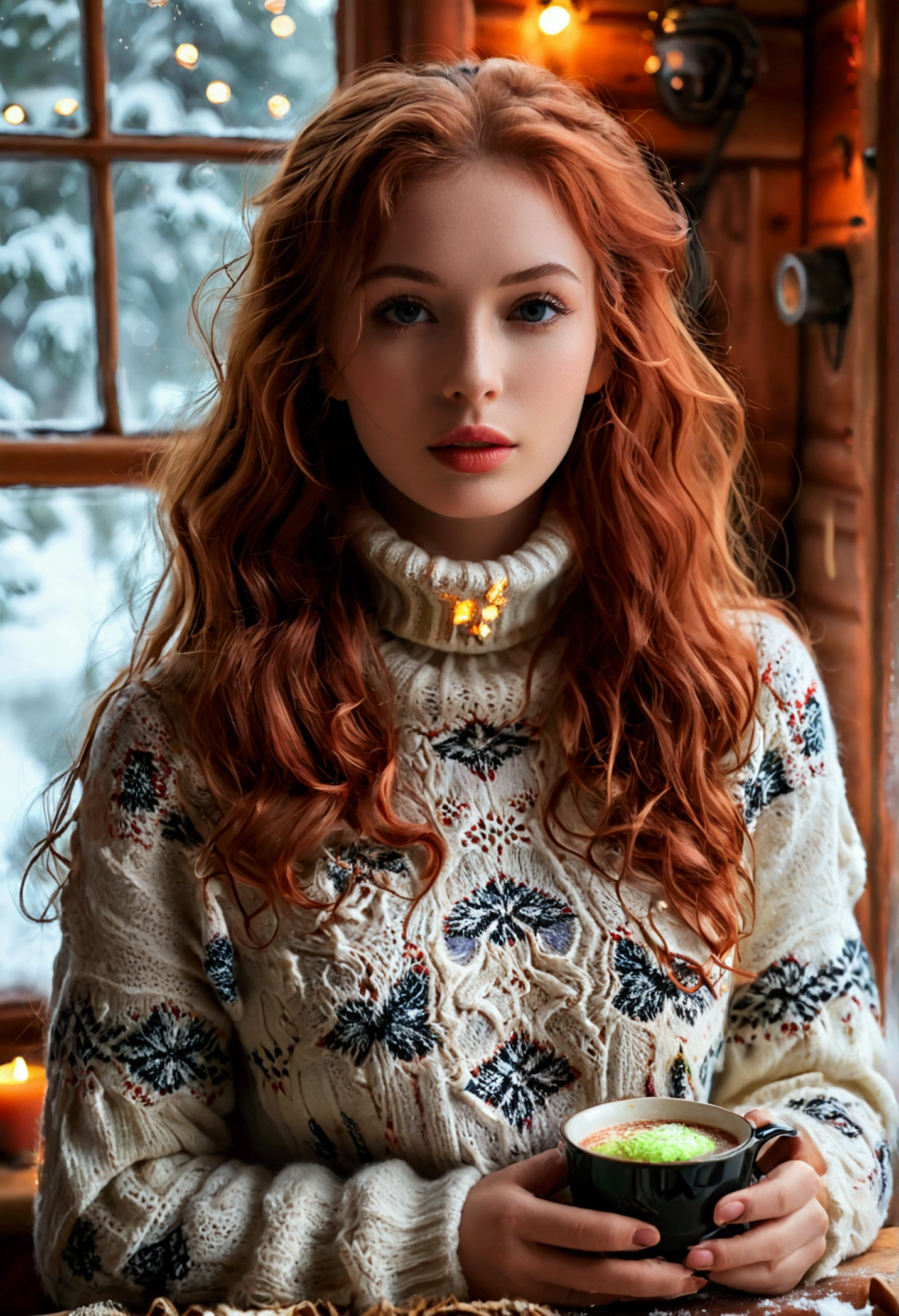 An ultra hot beautiful european woman, age 23, red wavy hair. she's a playmate, men magazine model, enjoying a cozy evening at the fireplace in a wooden cabin. She wears a turtleneck winter color wool sweater and tight shorts. Trough the window, winter starry night. Northern lights, Perfect anatomy, perfect hair, perfect breast, perfect body, perfect hands, perfect face, UHD, retina, masterpiece, accurate, anatomically correct, textured skin, cleavage, holding a cup of steaming hot chocolate in her hands