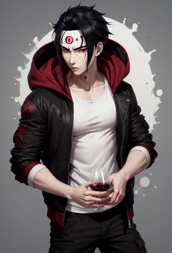 anime style man, with white skin and no face, He has black hair covering his forehead, He wears a black jacket and a wine red hoodie underneath., use black cargo