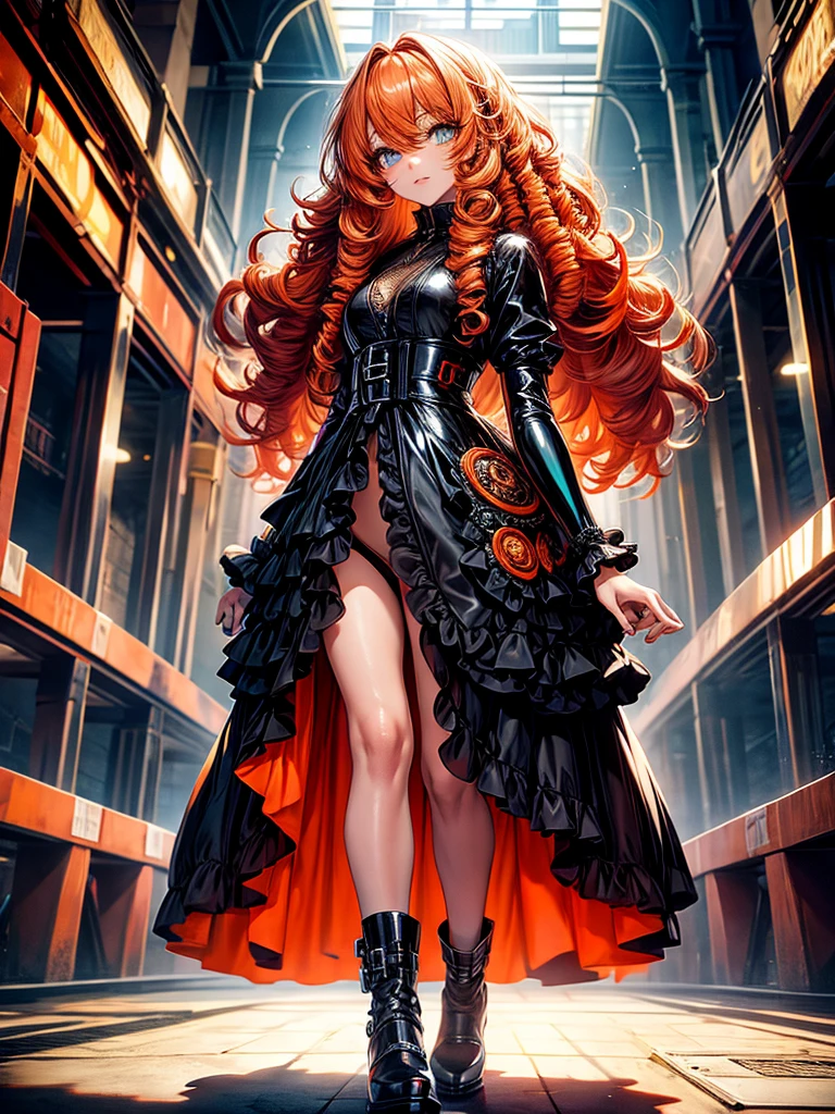 (best quality), (masterpiece), (ultra quality), (details), (Full HD 8K), (detailed eyes), 1girl, anime, beautiful skin, ((orange hair)), ((long orange hair)), ((long curly orange hair)), ((intricate curly hair)), ((ornate curly hair)), ((orange eyelashes)), ((turquoise eyes)), ((full body)), lips, ((back view)), ((full body view)), add_detail:1, add_detail:0, add_detail:0.5, colored eyelashes, ((short black latex dress))