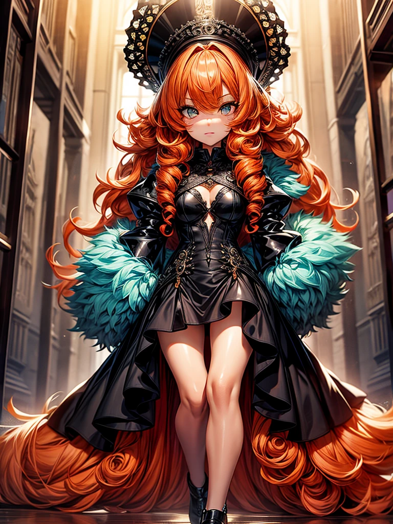 (best quality), (masterpiece), (ultra quality), (details), (Full HD 8K), (detailed eyes), 1girl, anime, beautiful skin, ((orange hair)), ((long orange hair)), ((long curly orange hair)), ((intricate curly hair)), ((ornate curly hair)), ((orange eyelashes)), ((turquoise eyes)), ((full body)), lips, ((back view)), ((full body view)), add_detail:1, add_detail:0, add_detail:0.5, colored eyelashes, ((short black latex dress))