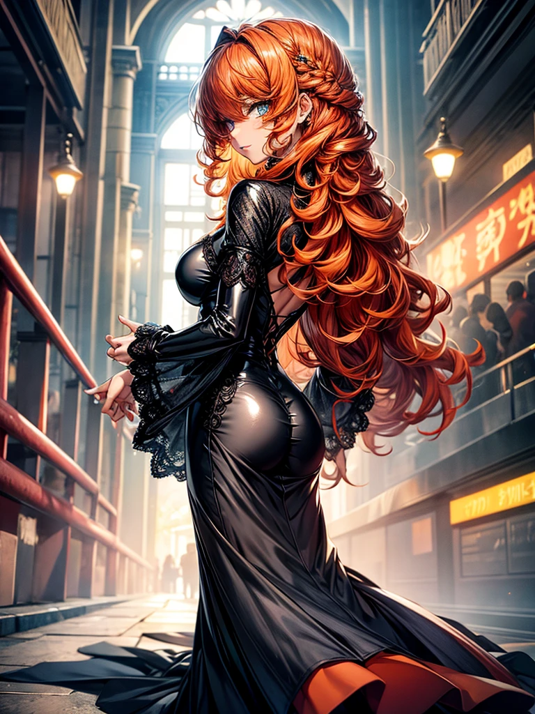 (best quality), (masterpiece), (ultra quality), (details), (Full HD 8K), (detailed eyes), 1girl, anime, beautiful skin, ((orange hair)), ((long orange hair)), ((long curly orange hair)), ((intricate curly hair)), ((ornate curly hair)), ((orange eyelashes)), ((turquoise eyes)), ((full body)), lips, ((back view)), ((full body view)), add_detail:1, add_detail:0, add_detail:0.5, colored eyelashes, ((short black latex dress))