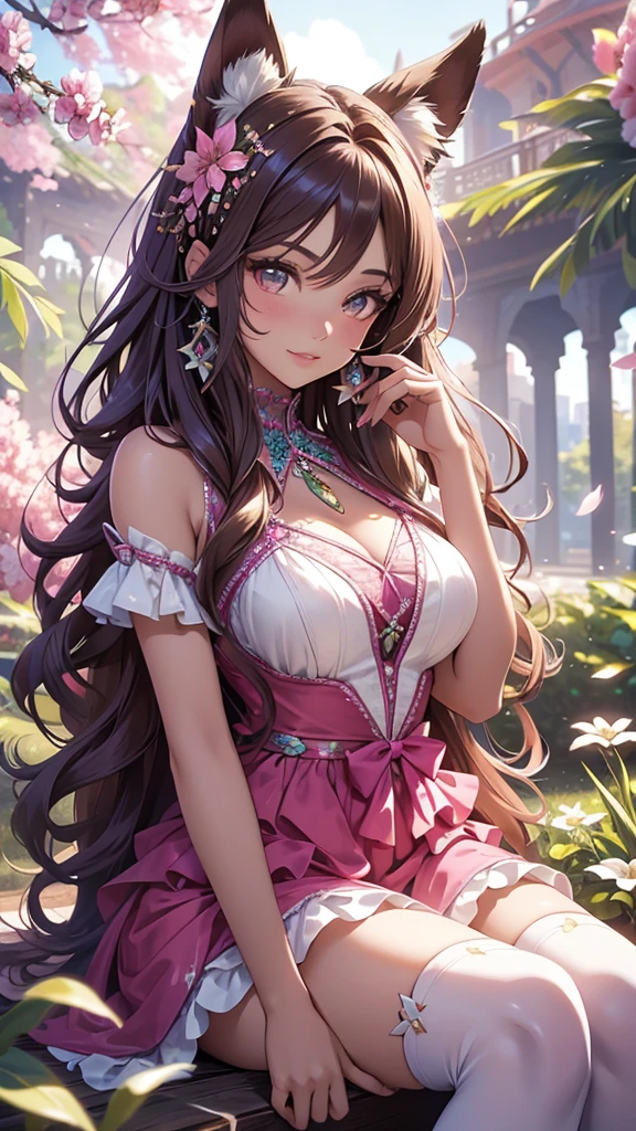 (best quality,4k,8k,highres,masterpiece:1.2),ultra-detailed,(realistic,photorealistic,photo-realistic:1.37),acrylic painting,beautiful Brazilian model in a Lolita dress with downy hair,beautiful Brazilian model with extremely colorful brown hair and detailed facial features,beautiful Brazilian model standing in a beautiful garden surrounded by a starry sky,brown hair,beautiful Brazilian model wearing a vibrant pink and teal Lolita dress,beautiful Brazilian model with intricate accessories,cat ears,beautiful Brazilian model posing gracefully with her hands on her hips,beautiful Brazilian model with long flowing twintails,beautiful Brazilian model with bright brown eyes and rosy lips,beautiful Brazilian model with a joyful expression,beautiful Brazilian model in a dynamic pose with cherry blossoms falling around her,beautiful Brazilian model surrounded by colorful flowers and butterflies,beautiful Brazilian model's dress adorned with cute bows and lace details,beautiful Brazilian model with an enchanting smile,beautiful Brazilian model with soft, pastel-colored shading,beautiful Brazilian model with a magical glow illuminating her,beautiful Brazilian model in a picturesque setting with a winding path leading to a magnificent castle,beautiful Brazilian model with a fairytale-like background,beautiful Brazilian model with a soft, dreamy atmosphere,beautiful Brazilian model with a subtle bokeh effect,beautiful Brazilian model standing under a sunny sky,beautiful Brazilian model with a warm, golden sunset in the background,beautiful Brazilian model surrounded by twinkling stars and colorful nebulae,creating an ethereal and captivating artistic masterpiece, sitting down.