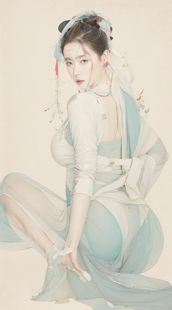 (1 Girl:1.4),Solitary, Gorgeous， Extremely detailed,(Joshua Middleton Comic Cover Art:1.1), (action:1.2),(Concretism:1.2),(Hyperpolarization:1.5),rich and colorful,The most detailed,white gray background, White Hanfu, Pastel colors， (masterpiece, Top quality, best quality, Official Art, beautiful and aesthetic:1.2),