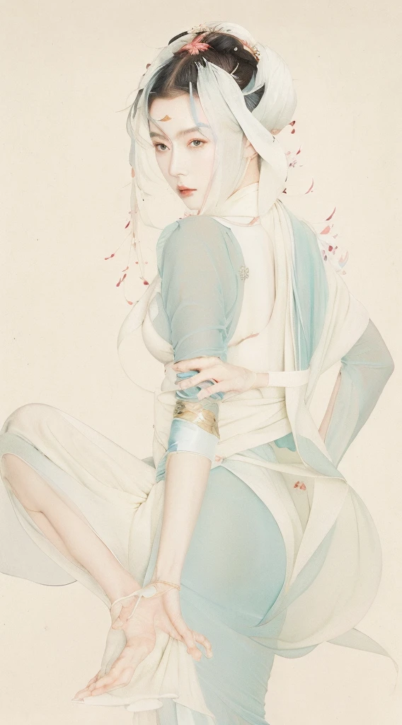 (1 Girl:1.4),Solitary, Gorgeous, Extremely detailed,(Joshua Middleton Comic Cover Art:1.1), (action:1.2),(Concretism:1.2),(Hyperpolarization:1.5),rich and colorful,The most detailed,white gray background, White Hanfu, Pastel colors, (masterpiece, Top quality, best quality, Official Art, beautiful and aesthetic:1.2),