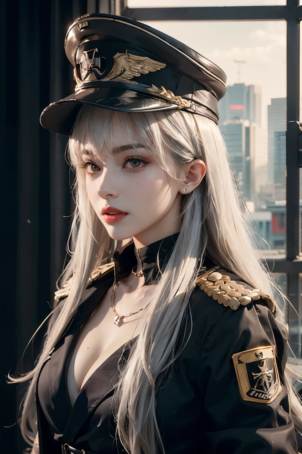 ((best quality)), ((Masterpiece)), (details:1.4), 3d, Image of a beautiful cyberpunk woman., HDR (high dynamic range), mature woman, เหมือนจริง Curtain Bangs, White hair, Red eyes, future police, PBR surface, After processing, Anisotropic filtration,depth of field, Maximum clarity and clarity, multi-layered surface, perfect proportions, 8K raw files, cyberpunk, at night, ผมหลายชั้น,  กระโปรงสั้น, natural lighting, soft lighting, sunlight, หน้าอกใหญ่, a woman wearing a black gothic style military uniform, black military hat with gold details, iron cross symbol on the military hat, 