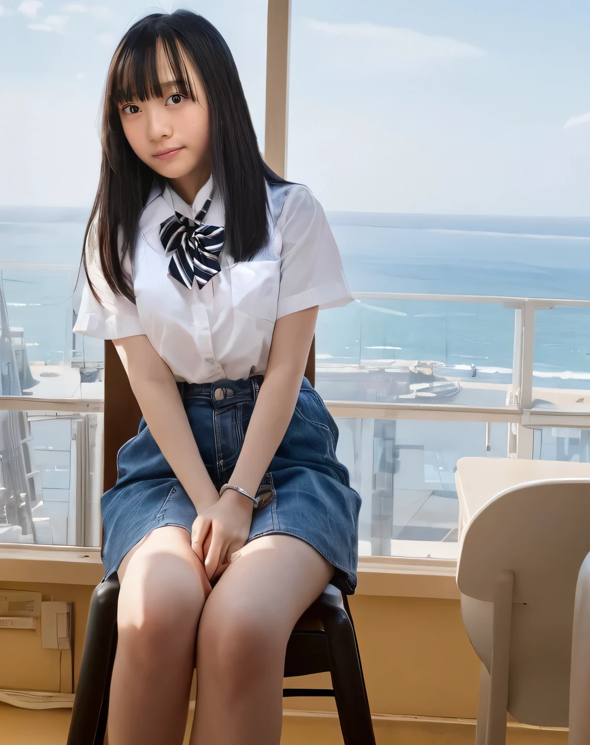 Super detailed,Highest quality,1 high school girl,,sitting in a seaside cafe,Sitting in a chair,She is wearing a white short-sleeved blouse and a checked miniskirt.,I can see the ocean in the distance,There is a coffee cup on the table in the cafe,Illuminated by the summer sun,Daytime sunlight,You can see the blue sky and the sea,Bracelet on arm,pink nail polish on fingers,Sitting with legs together,Wearing sneakers,Distant scenery is blurry
