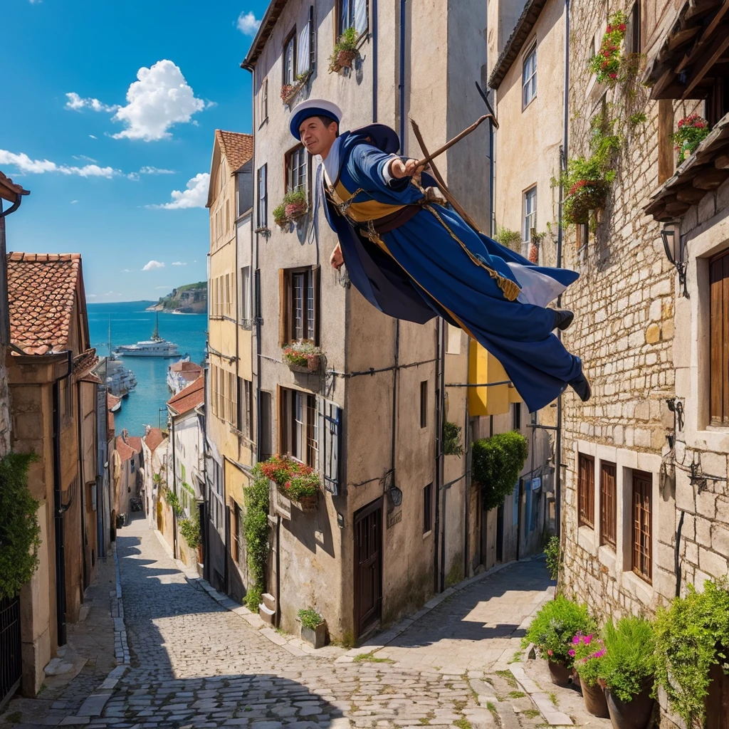 A port town with a view of the sea、A wizard flying in the sky on a broom、Medieval European streets
