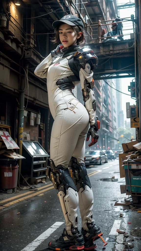 ((best quality)), ((masterpiece)), ((realistic)), (detailed), (photo-realistic:1.5), futuristic girl, (thick body), (white bodysuit), lights on armor, cybernetic headwear, looking at viewer, dynamic pose, post-apocalyptic, destroyed city background, buildings on fire, sci-fi, high resolution, ray tracing, super resolution, subsurface scattering, PBR texturing, post processing, anisotropic filtering, depth of field, best sharpness and clarity, rule of thirds, 8K RAW, (luminous particles:1.4), (extremely detailed cg, unity 8k wallpaper, 3d, cinematic lighting, lens flare), reflection, sharp focus, cyberpunk art, cyberpunk architecture, moisturized skin, realistic body, (), (girl), earrings, (cute face), vivid colors, bokeh, stimulating atmosphere, unique encounters, playful interactions, lively crowds, wind blowing, fantastic, dynamic, (fisheye lens), neon, cyberpunk movie, cyberpunk city, fight, war, lightning,
