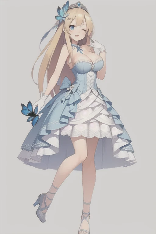 saratoga \(warship girls r\)，((masterpiece)),(((best quality))),((ultra-detailed)),((illustration)),((disheveled hair)),((frills)),(1 girl),(solo),1girl, bangs, bare shoulders, blonde hair, blue butterfly, blue eyes, blush, breasts, butterfly, dress, eyebrows visible through hair, flower, full body, gloves, hair ornament, high heels, jewelry, large breasts, long hair, looking at viewer, one eye closed, open mouth, smile, solo, standing, strapless, strapless dress, tiara, very long hair, weapon, white dress, white footwear, white gloves