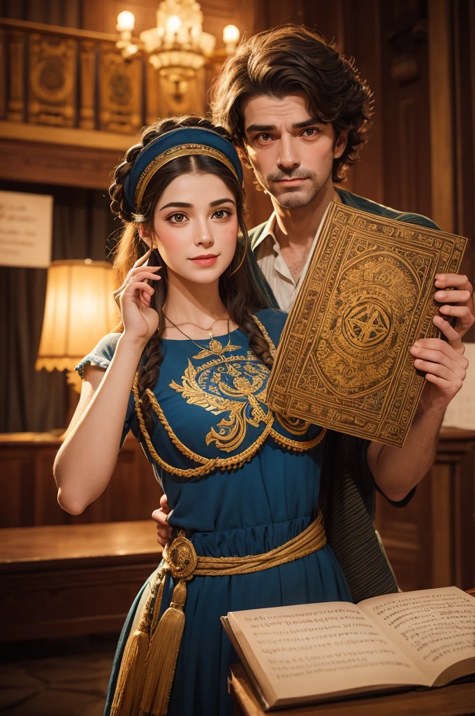 Create a logo for an event featuring plays based on ancient works, make the logo reminiscent of old times and theaters, with books inside the logo, traditional theater masks, vibrant colors reminiscent of Brazil in the 1800s, school and a writing ink pen quill