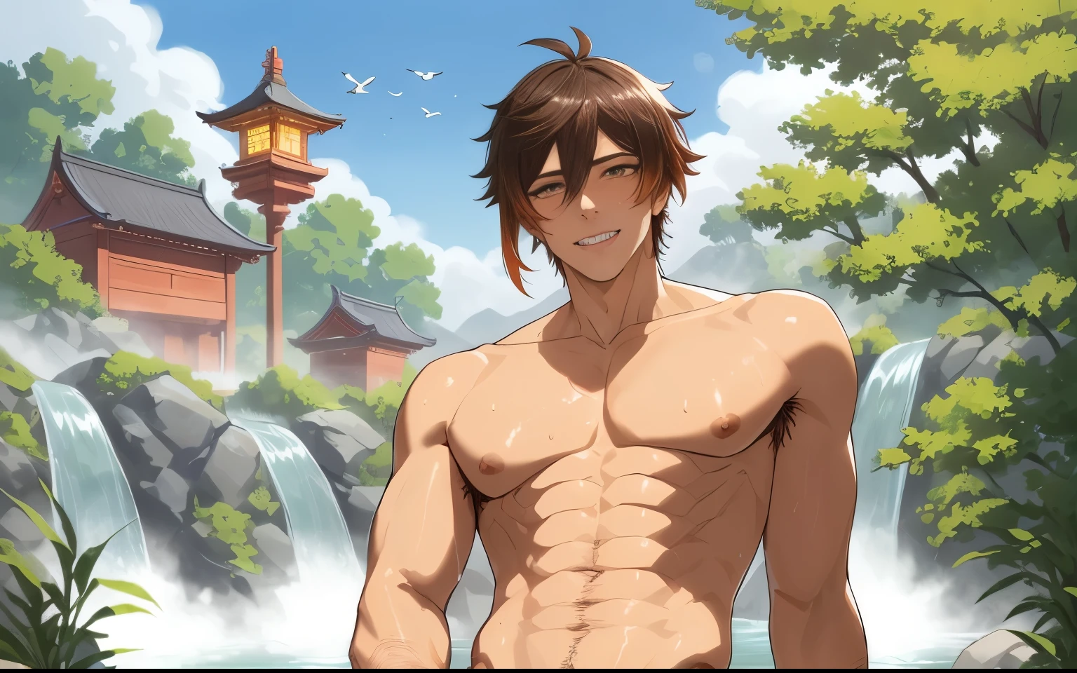 anime guy in a white underwear standing in a pond of water, keqing from genshin impact, zhongli from genshin impact, male centaur centaur chimera, handsome guy in demon slayer art, muscular male hero, sfw version, handsome japanese demon boy, bian lian, heroic masculine pose, male art, heise jinyao, handsome anime pose