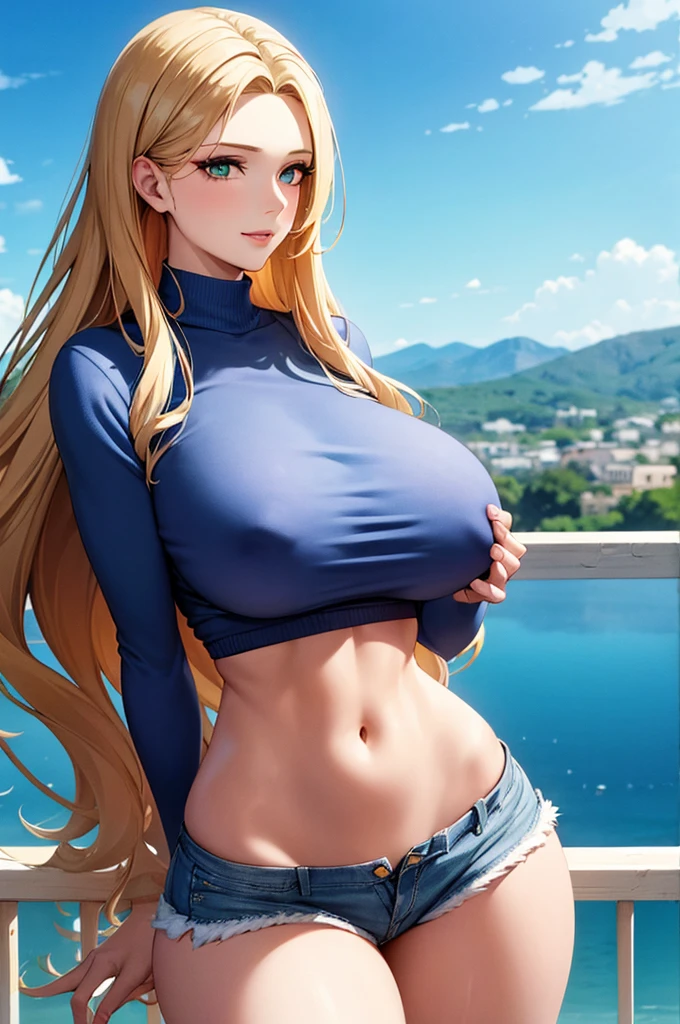 (Art: 1.2), (best quality: 1.2) 1 woman, mature, tall (1.85), She appeared to be around 28 years old, had long golden hair, straight and shiny hair, green eyes, extremely detailed, perfect eyes , extremely realistic eyes, well-aligned eyes, long eyelashes, anime style, perfect face, milf face, full lips, smiling, mature, clear skin, natural body, sexy body, MILF body, hands on waist, perfect hands, detailed hands, hands well proportioned to the body, realistic hands, arms with good anatomy, she wore a greek blue woolen sweather, the woolen sweather still couldn't hide her extremely large and huge breasts that were hanging down due to her size, thick thighs, wide hips, Looking at the viewer, background, she also wears jeansshort, scenery, scenery at a greek viewpoint on the edge of a lake, in the background posing the setting sun, alone Looking at the viewer