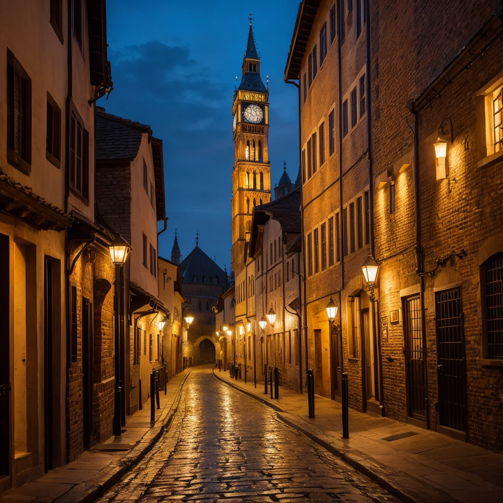Clock tower at night、Medieval European streets