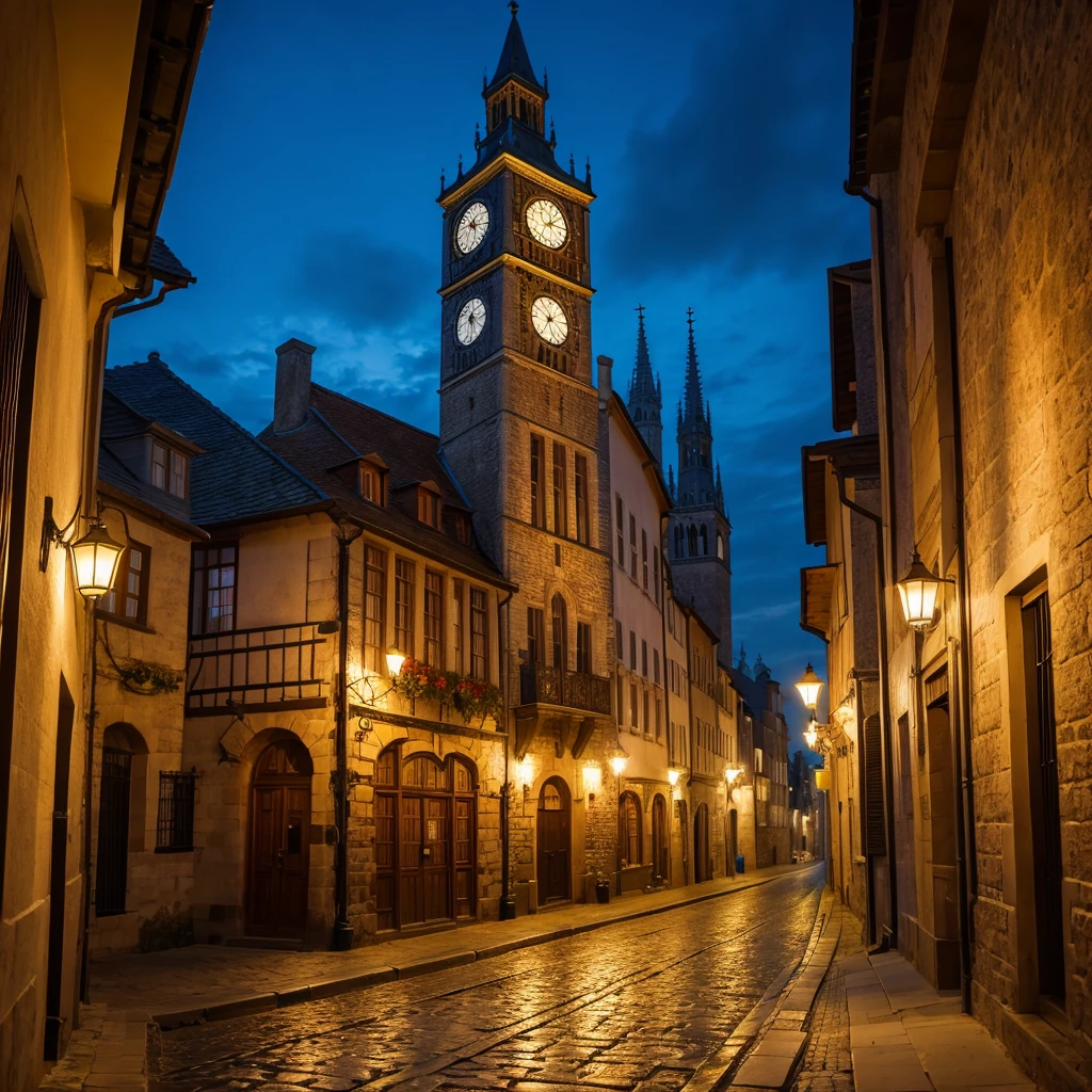 Clock tower at night、Medieval European streets