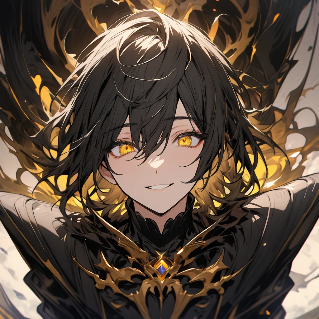 hair with white and some black parts, expressive yellow eyes, black coat, alone, handsome smile, tight black shirt, image of the bust upwards, man.