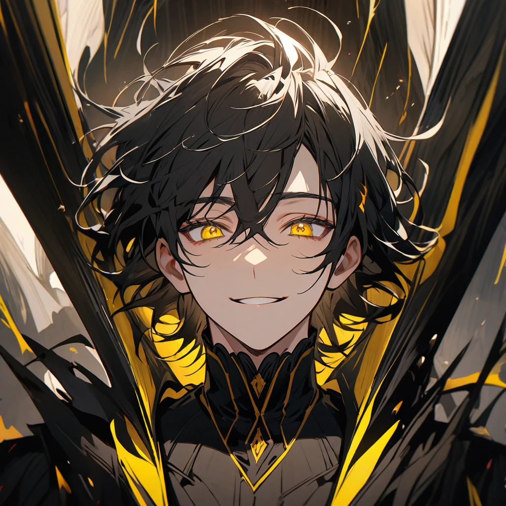 hair with white and some black parts, expressive yellow eyes, black coat, alone, handsome smile, tight black shirt, image of the bust upwards, man.
