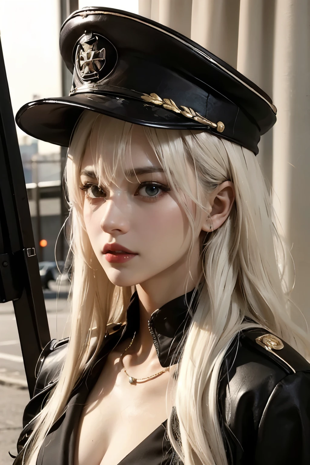 ((best quality)), ((Masterpiece)), (details:1.4), 3d, Image of a beautiful cyberpunk woman., HDR (high dynamic range), woman, เหมือนจริง, Curtain Bangs, White hair, Blue eyes, future police, PBR surface, After processing, Anisotropic filtration,depth of field, Maximum clarity and clarity, multi-layered surface, perfect proportions, 8K raw files, cyberpunk, at night, ผมหลายชั้น, กระโปรงสั้น, natural lighting, soft lighting, sunlight, หน้าอกใหญ่, a woman wearing a black gothic style military uniform, black military hat with gold details, iron cross symbol on the military hat,