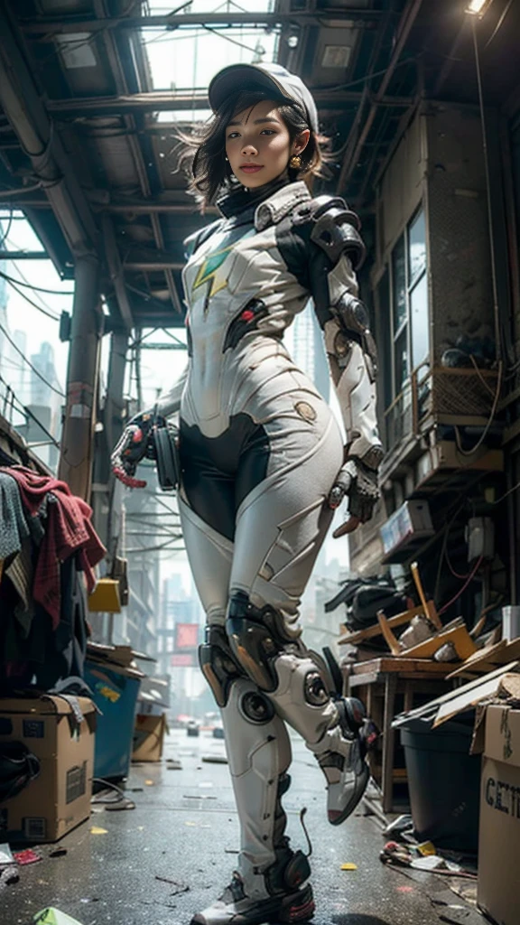 ((best quality)), ((masterpiece)), ((realistic)), (detailed), (photo-realistic:1.5), futuristic girl, (thick body), (white bodysuit), lights on armor, cybernetic headwear, looking at viewer, dynamic pose, post-apocalyptic, destroyed city background, buildings on fire, sci-fi, high resolution, ray tracing, super resolution, subsurface scattering, PBR texturing, post processing, anisotropic filtering, depth of field, best sharpness and clarity, rule of thirds, 8K RAW, (luminous particles:1.4), (extremely detailed cg, unity 8k wallpaper, 3d, cinematic lighting, lens flare), reflection, sharp focus, cyberpunk art, cyberpunk architecture, moisturized skin, realistic body, (), (girl), earrings, (cute face), vivid colors, bokeh, stimulating atmosphere, unique encounters, playful interactions, lively crowds, wind blowing, fantastic, dynamic, (fisheye lens), neon, cyberpunk movie, cyberpunk city, fight, war, lightning,