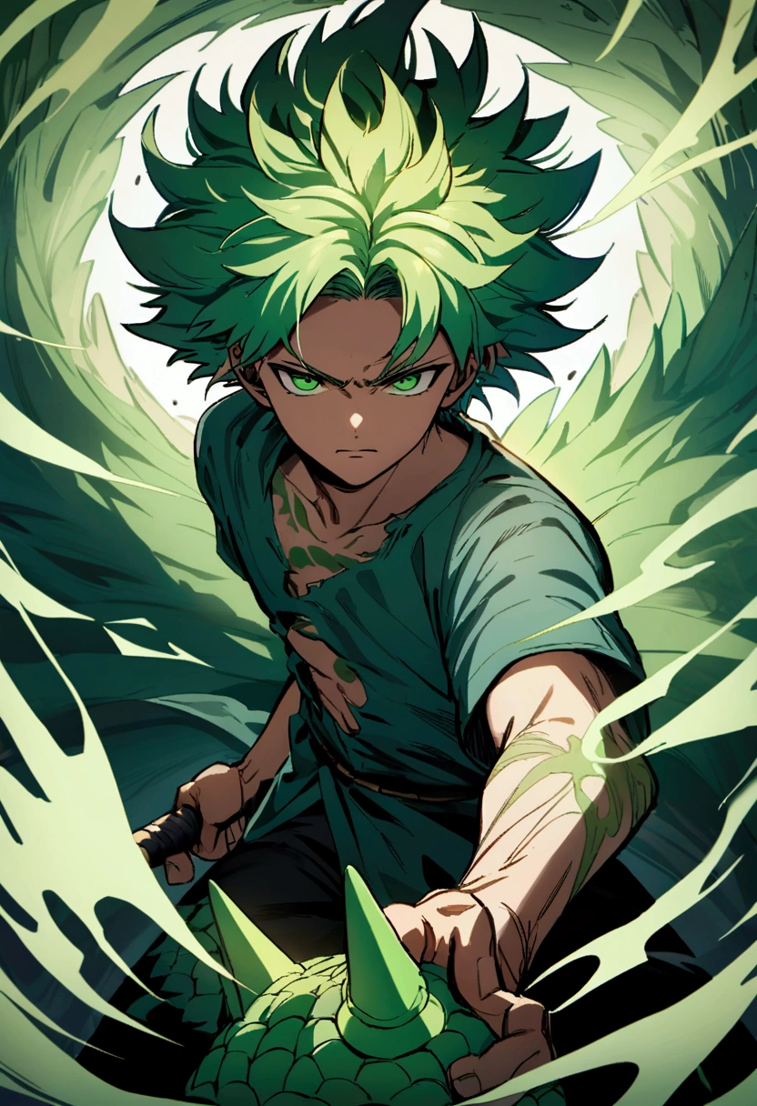 teenage boy, spiky hair, big hair, multicolored red and light green hair, bright green eyes, serious face, ripped blue shirt, green tattoos on the body, green spiritual dragon behind, holding an epée, wind aura around the character
